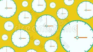 扁平的白色时钟不同大小，黄色背景上有移动箭头。